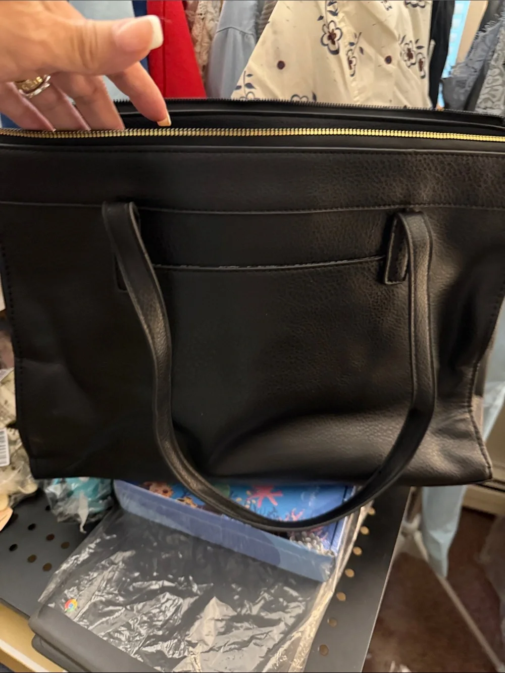 London Fog Black Leather Brief Tote with Front Buckle Pocket